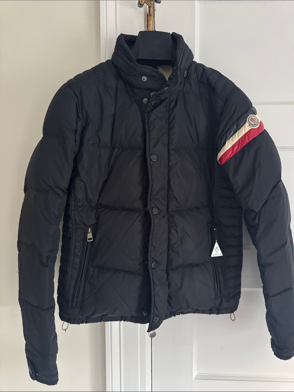 Moncler Navy Quilted Puffer Jacket with Cream & Red Sleeve Stripe